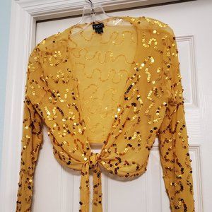 Gold sequin bolero cropped tie front long sleeve jacket